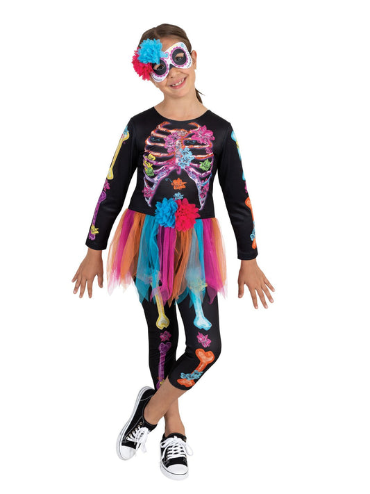 Neon Skeleton Girl Costume with Floral Tutu for fun and spooky kids dress-up at home.