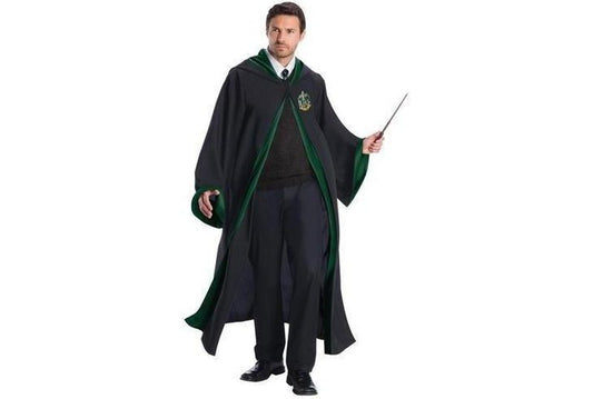 Slytherin adult robe costume inspired by Harry Potter, ideal for magical dress-up at home.