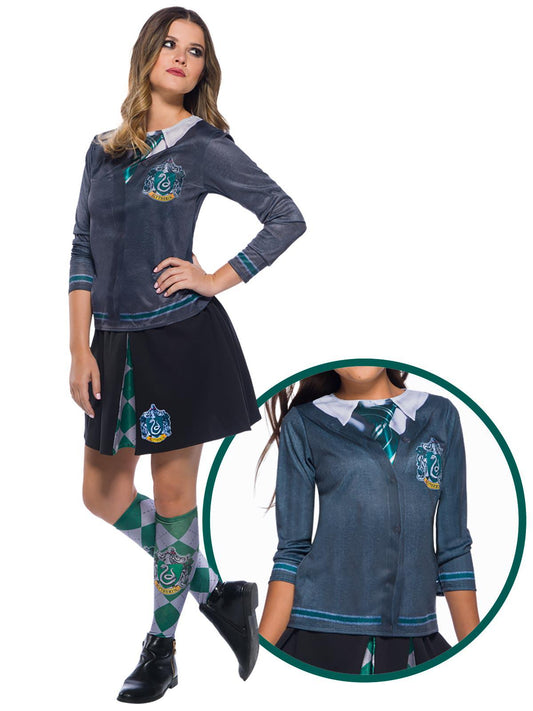 Slytherin adult costume top with official Hogwarts robe for magical childrens home play.