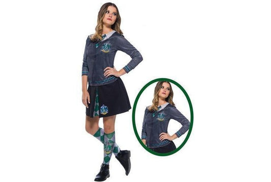 Slytherin costume top featuring house crest for childrens dress-up | perfect for home play.