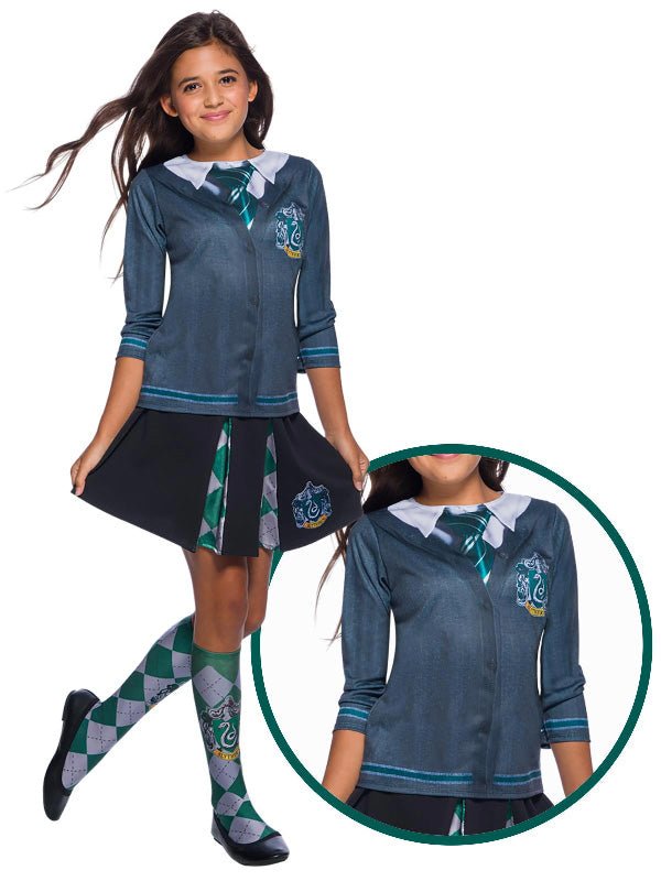 Slytherin costume top for kids, featuring official Wizarding World design, perfect for home dress-up.