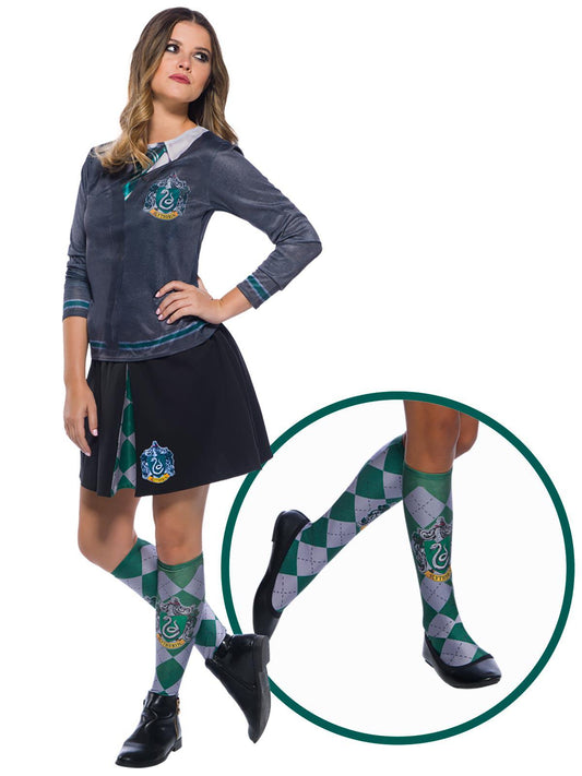 Slytherin knee-high socks for kids, size 6-11, perfect for Harry Potter fans at home.