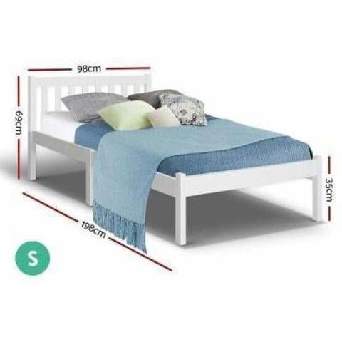 Single size white wooden bed frame, perfect for childrens room décor and functionality.