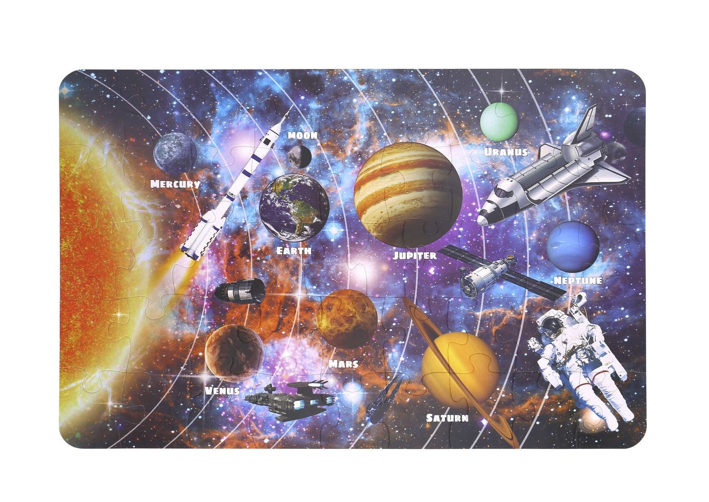 Colorful 46-piece solar system floor puzzle for kids playful and educational home entertainment.