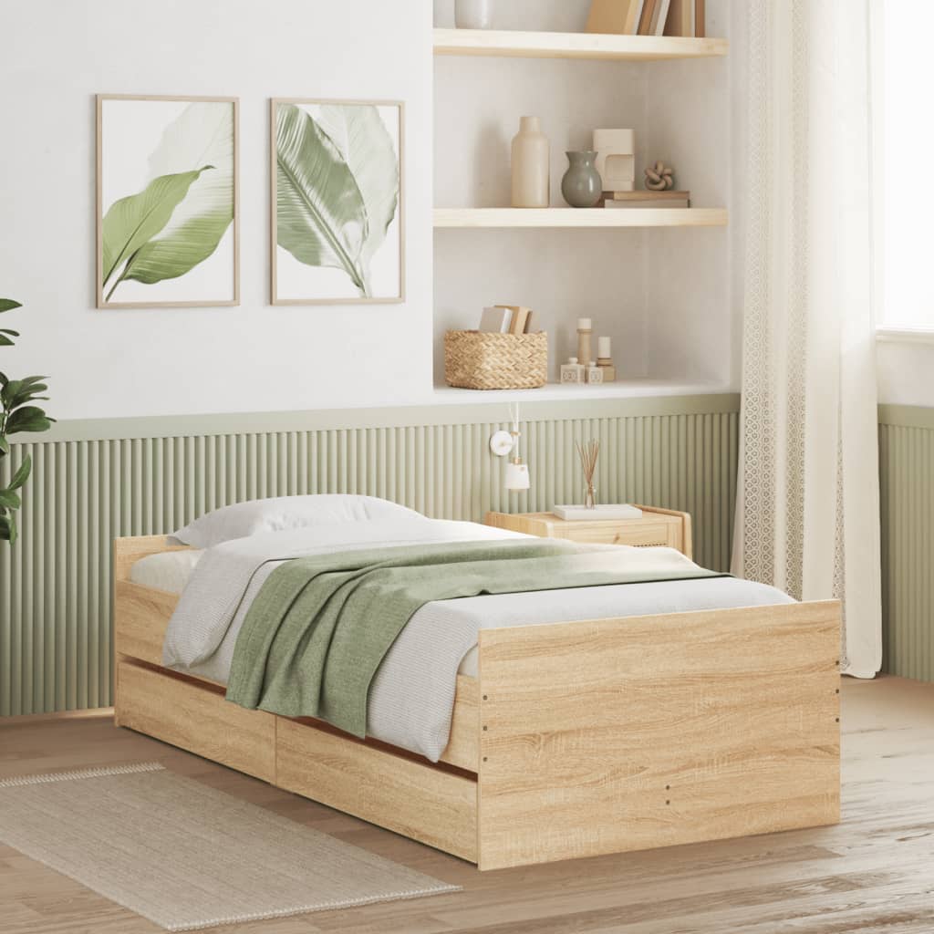Sonoma Oak Bed Frame with Built-In Drawers for Sleek Storage - Kids Mega Mart