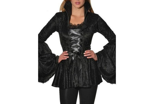 Black velvet corset top with trumpet sleeves, perfect for girls dress-up and costume play.