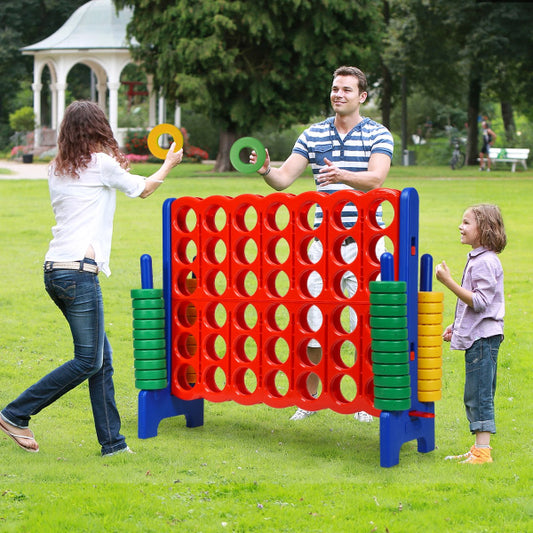 Giant Connect 4 Outdoor Game Set with 42 Jumbo Rings for interactive fun at home.