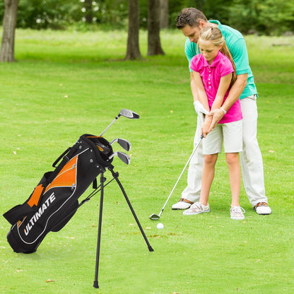 5-piece Junior Golf Club Set in bright yellow for kids aged 11-13, ideal for home practice