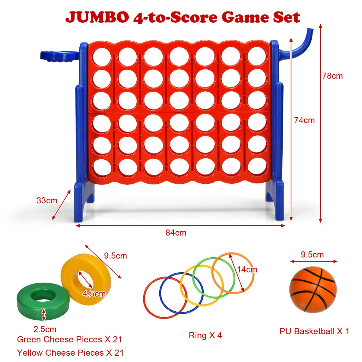 Giant Connect 4 game with basketball hoop and rings for backyard fun and active play.