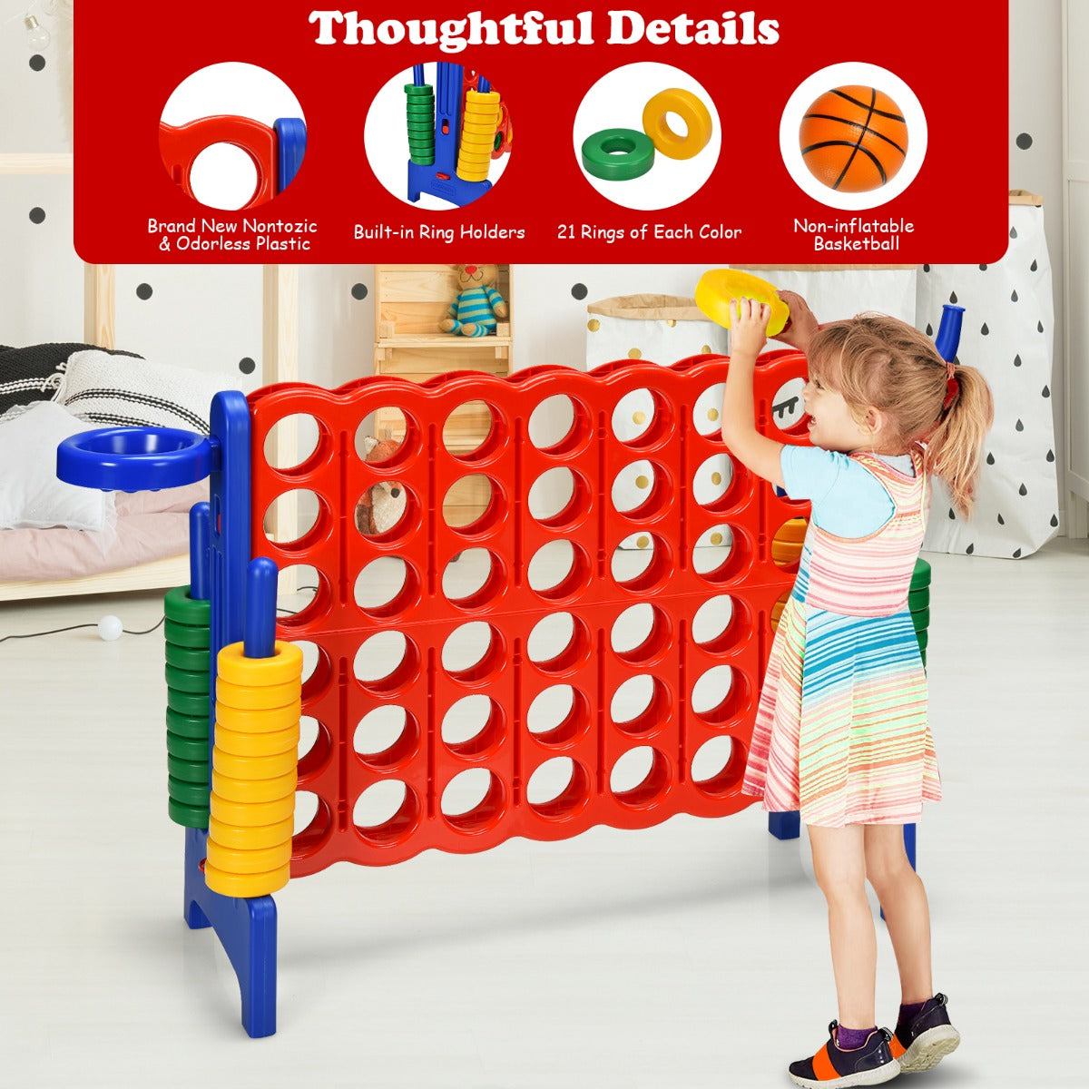 Kids giant Connect 4 game with basketball hoop and rings for backyard fun.