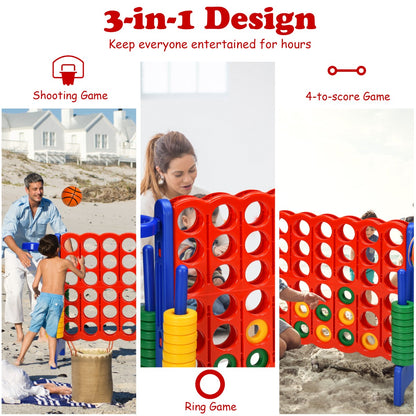 Giant Connect 4 game set with basketball hoop and rings for interactive play for kids