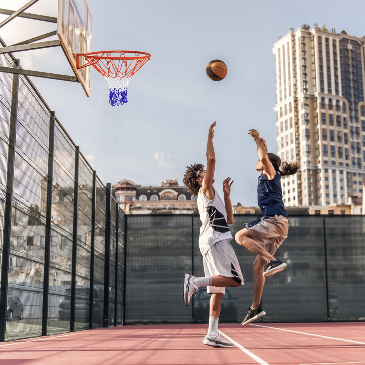 Kids basketball hoop with 46cm rim, ideal for indoor and outdoor play at home.