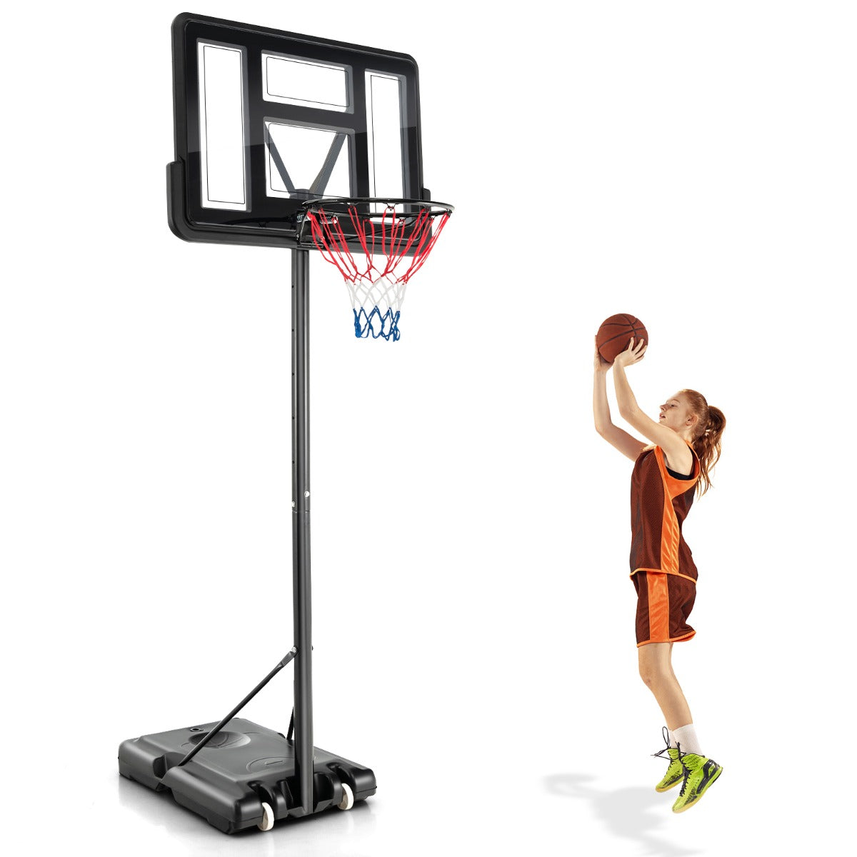 Adjustable portable basketball hoop for kids and adults, perfect for home backyard fun.