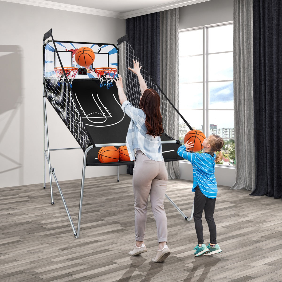 Foldable kids basketball arcade game with scoring system for fun indoor play at home.