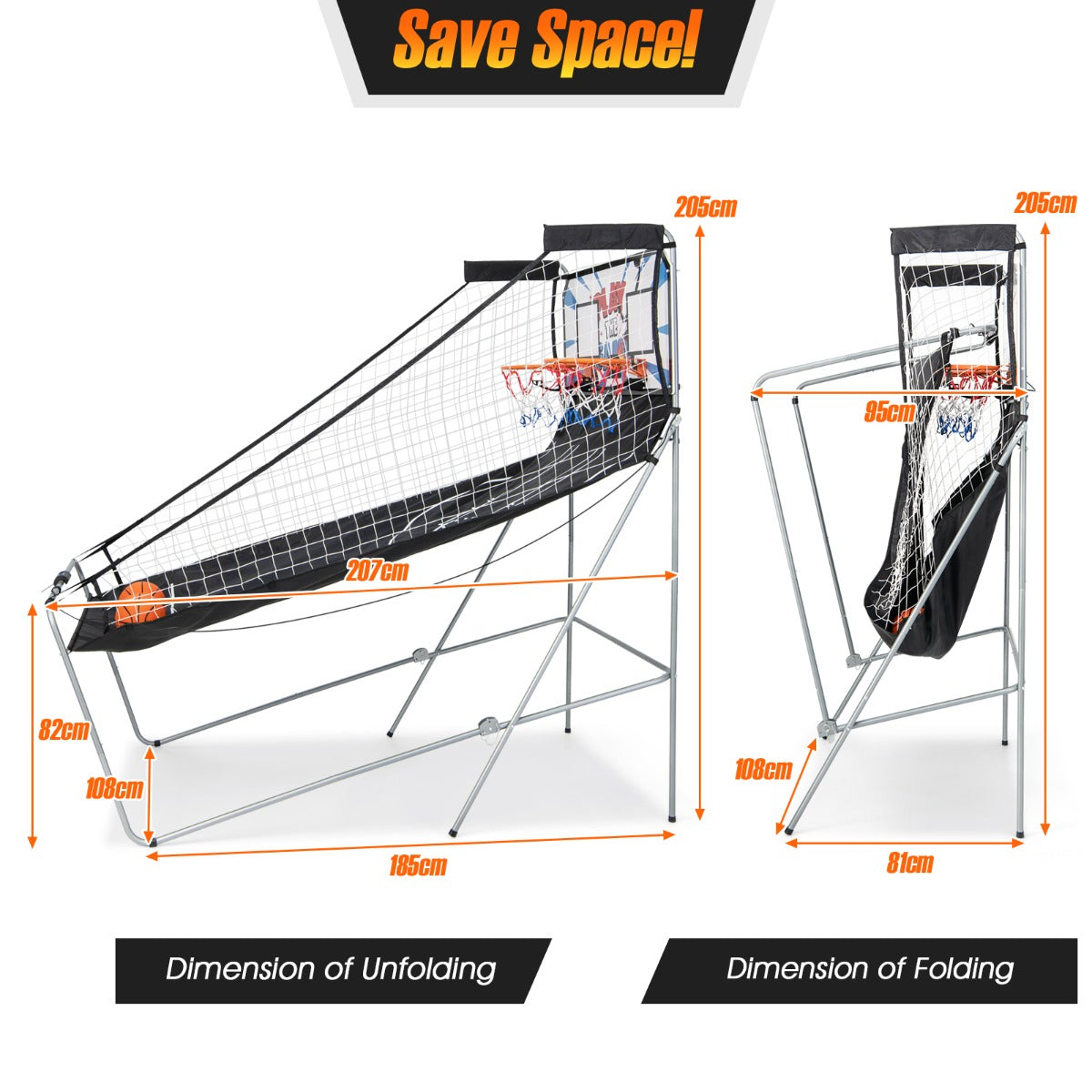 Foldable kids basketball arcade game with scoring for home entertainment, fun and skill-building.