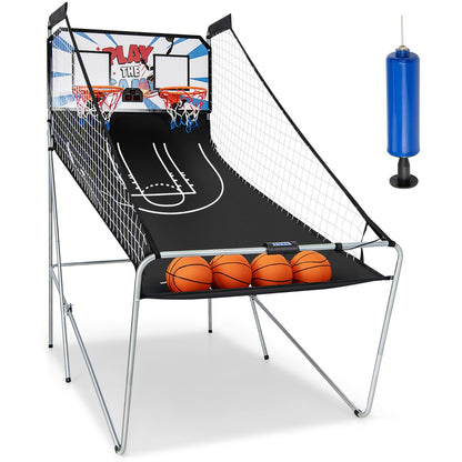 Foldable kids basketball arcade game with dual shot and scoring for home fun.