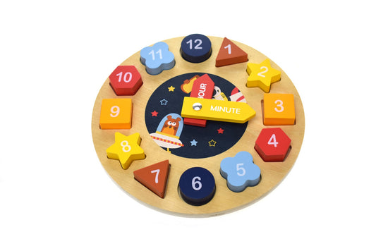 Colorful space-themed wooden clock puzzle for kids, encourages learning and cognitive development at home.