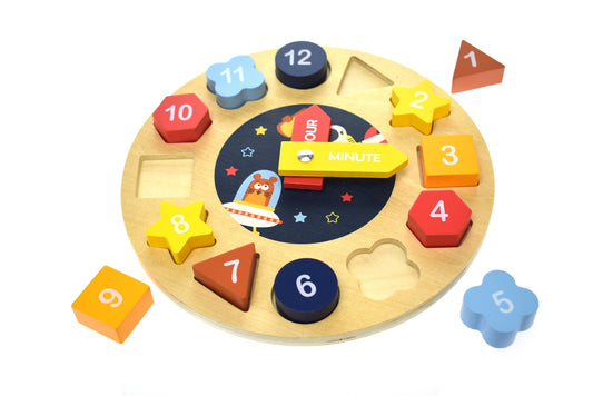 Colorful space-themed wooden clock puzzle for kids learning and play at home.