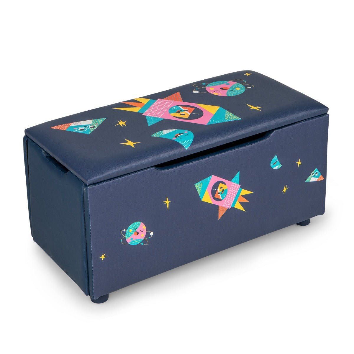 Navy Toy Storage Ottoman Bench - Kids Upholstered Organizer, Hidden Storage