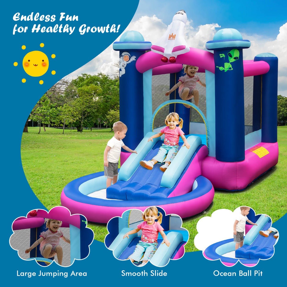 Kids 3-in-1 Space-Themed Bouncer - Jump, Slide & Explore the Cosmos