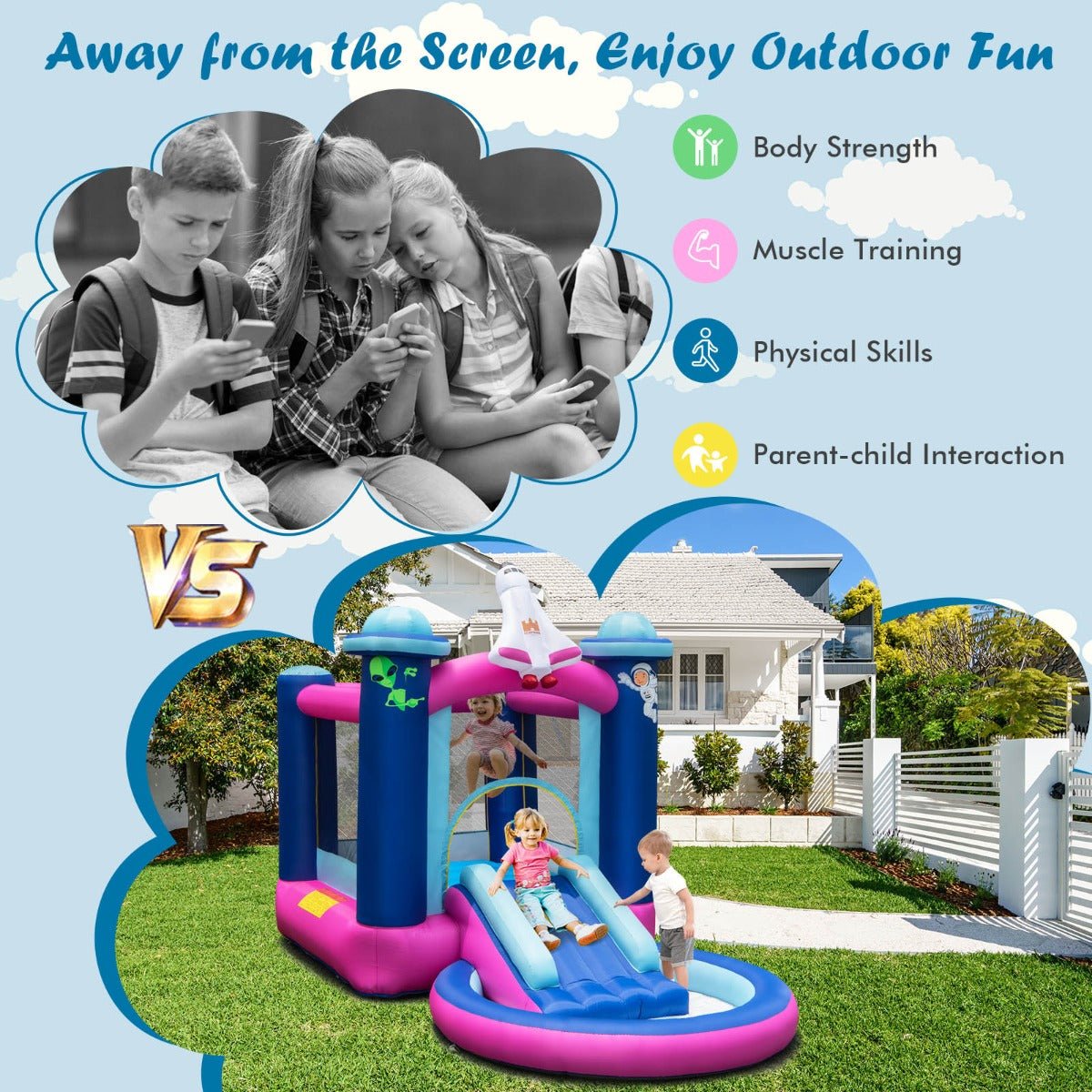 3-in-1 Inflatable Space Bounce House - Jump, Slide & Galactic Adventure