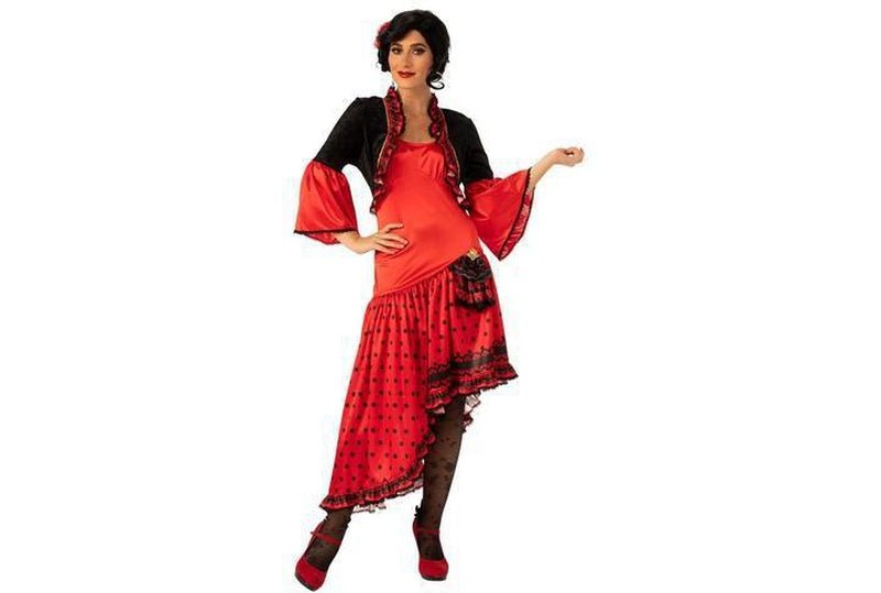 Adult Flamenco dancer costume with vibrant Spanish dress and matching headpiece for festive events