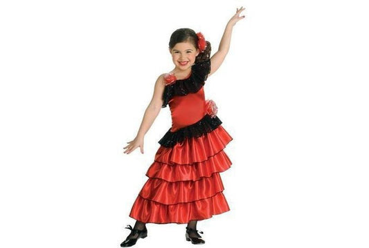Kids Spanish Flamenco Princess Costume with Dress and Headpiece, perfect for imaginative play at home.