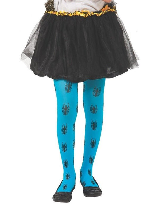 Spider-Girl blue tights with spider print, ideal for kids superhero play at home.