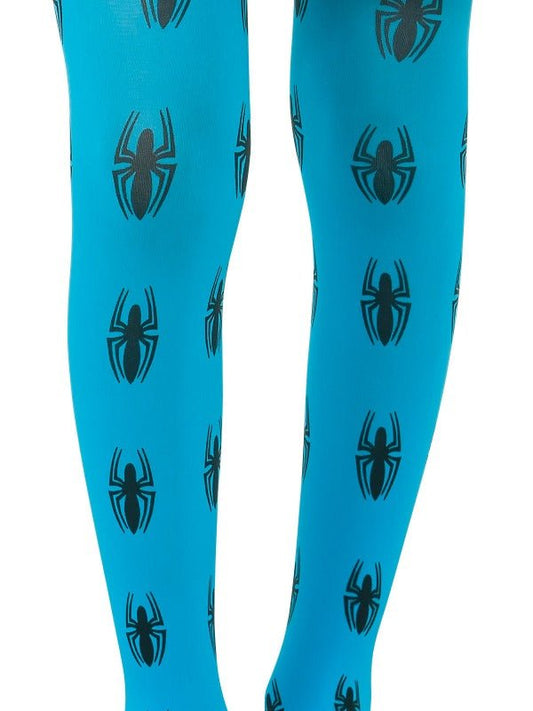 Spider-Girl blue tights with printed spiders for kids, perfect for imaginative play at home.