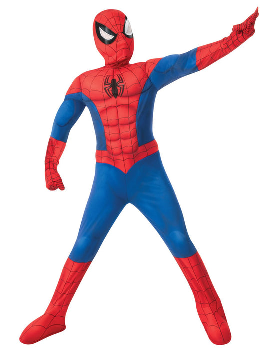 Durable Marvel Spider-Man costume with muscle feature, perfect for kids imaginative play at home.