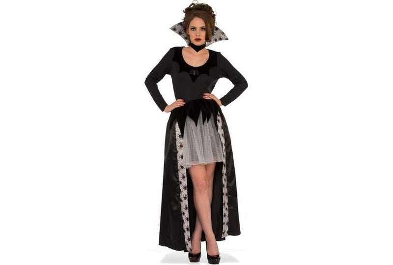 Adult Spider Queen Vampiress Halloween Costume with glittery embellishments, perfect for Halloween parties.