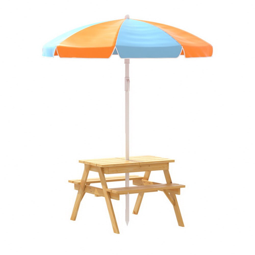 Keezi Water and Sand Picnic Table with Umbrella for kids outdoor sensory playstation.