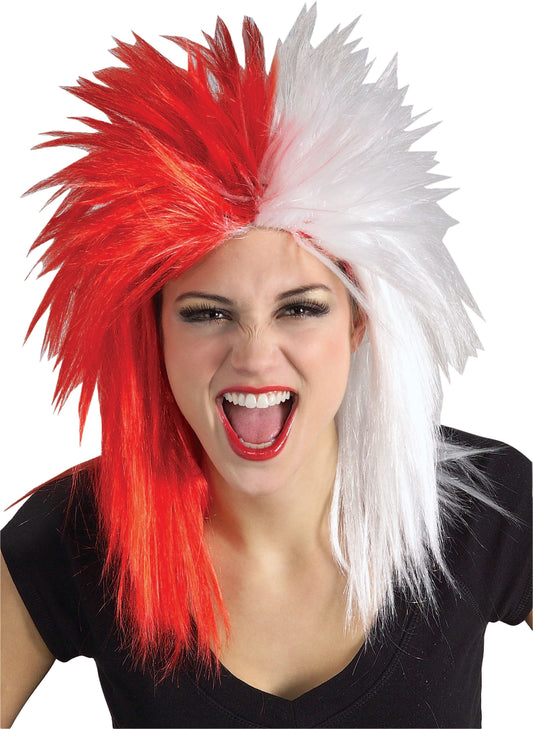 Red and white sports fan wig for kids costumes, ideal for spirited home play.