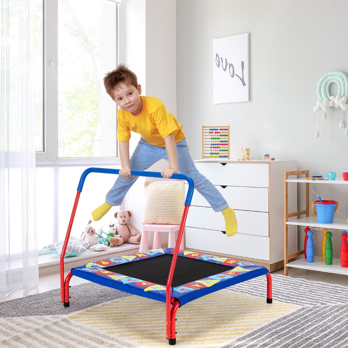 Bounce with Joy: Square Toddler Trampoline with Foam Covered Handle for Kids