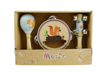 Wooden squirrel 3-piece musical set for kids home playtime, includes xylophone, tambourine, and maracas.