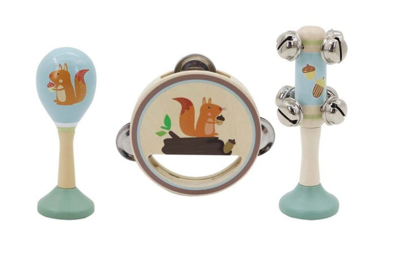 Colorful 3-piece wooden squirrel musical set for childrens home playtime fun.