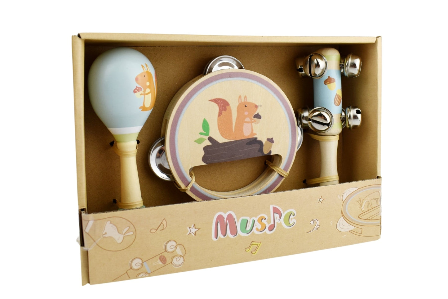 Colorful wooden squirrel musical set perfect for childrens play and learning activities at home.