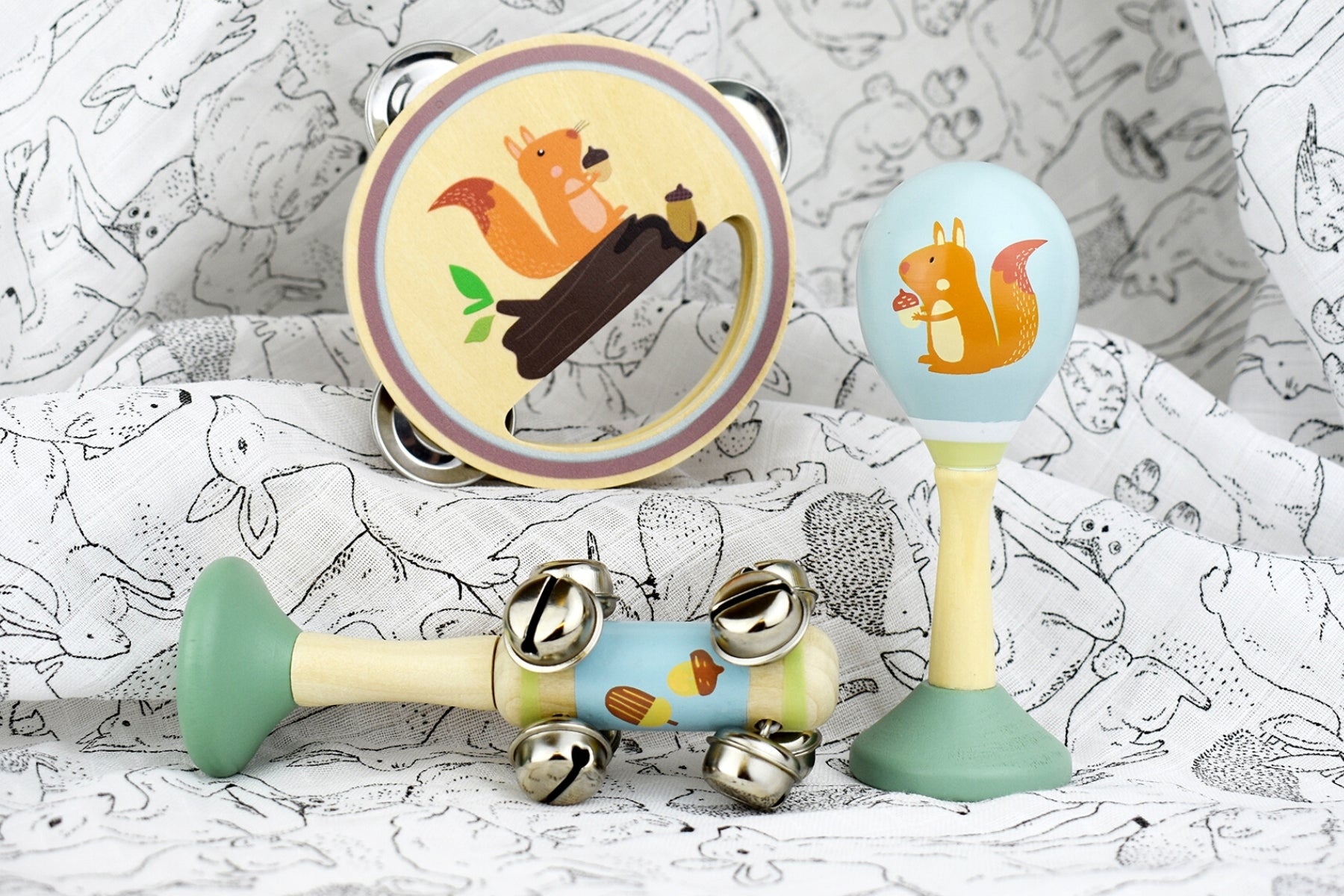 Wooden squirrel-themed 3-piece musical set for kids, perfect for imaginative play and learning.