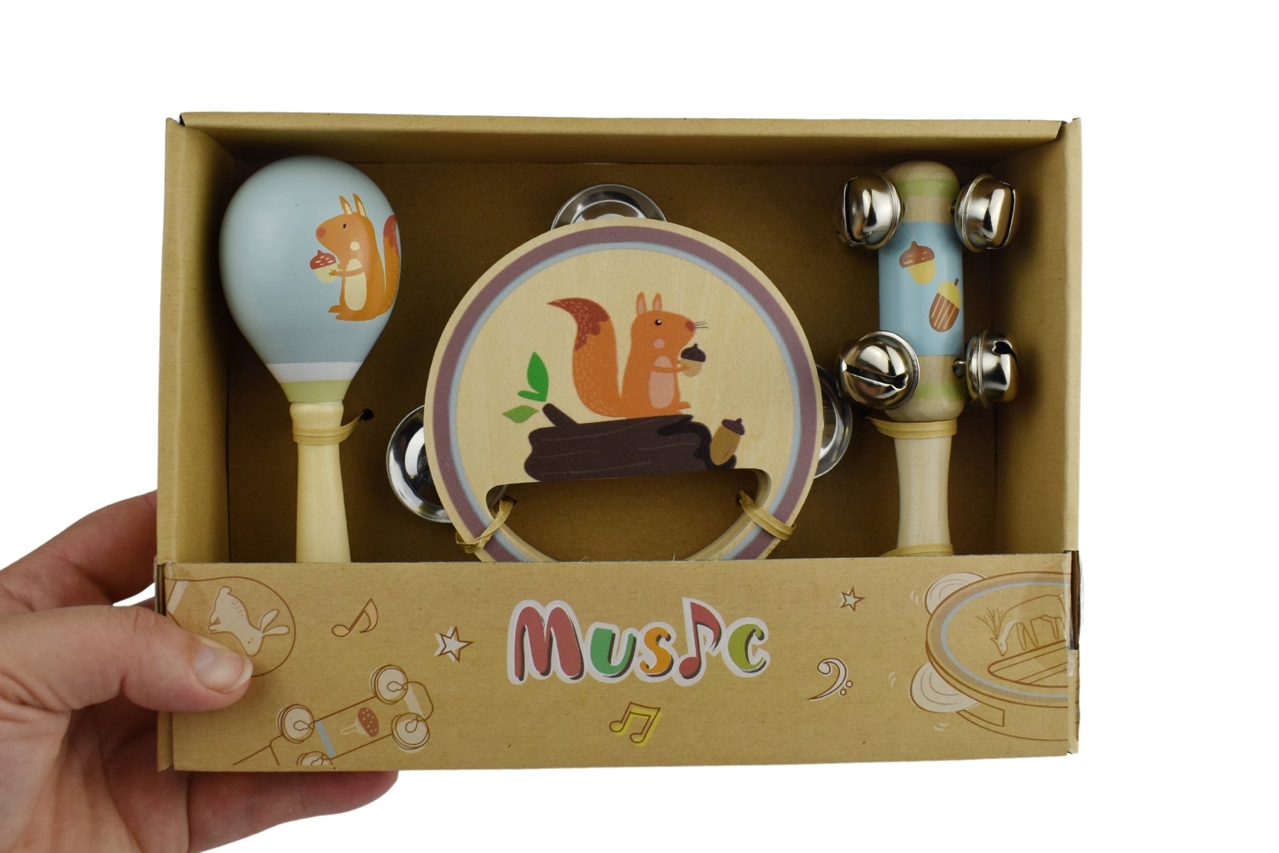 Colorful 3-piece musical set with cute squirrel design for kids interactive play at home.