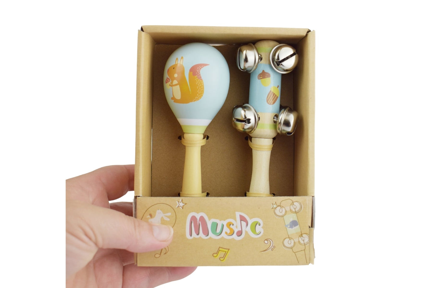 Colorful squirrel design maraca and bell stick set for musical fun at home.