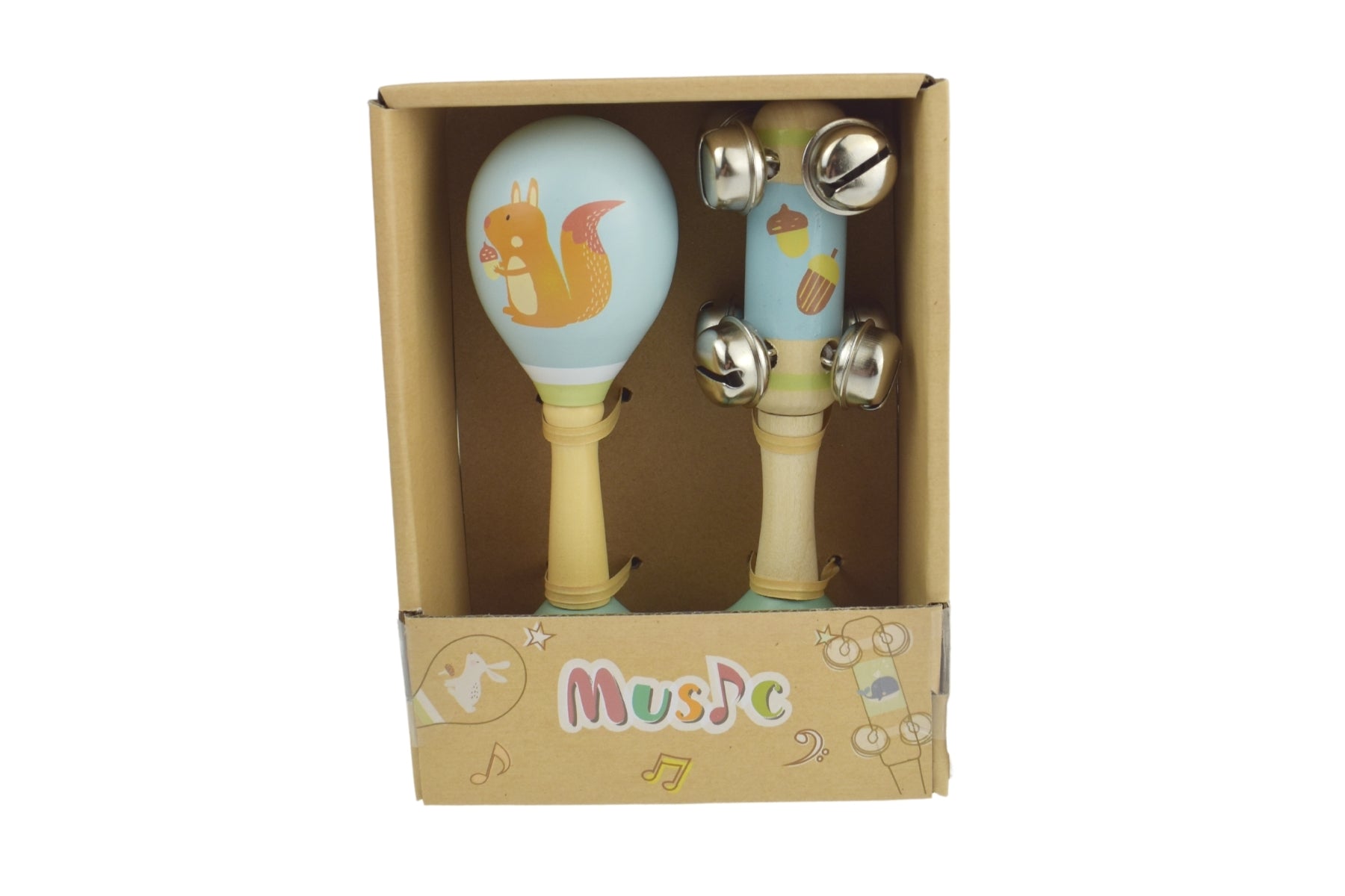 Squirrel wooden maraca and bell stick set for engaging musical playtime at home.