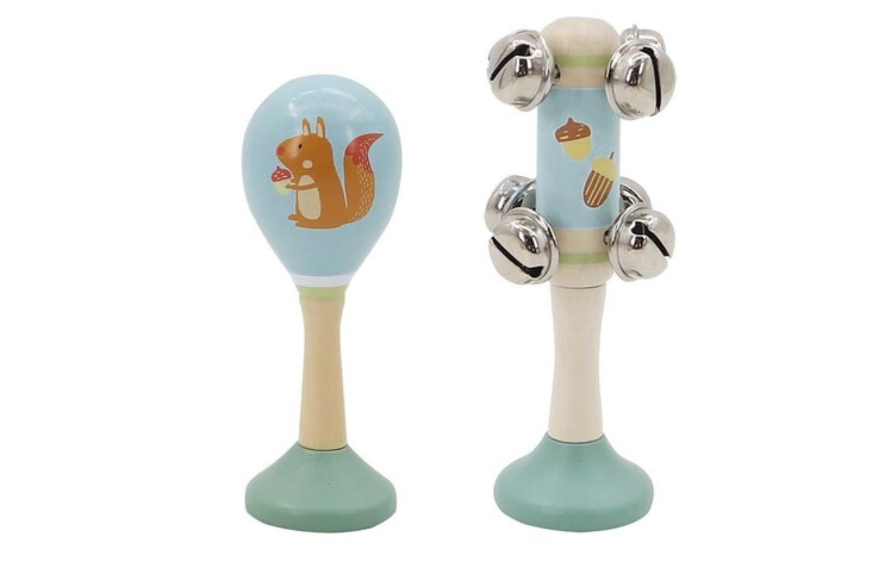 Colorful squirrel-shaped maraca and bell stick set, perfect for musical playtime at home.