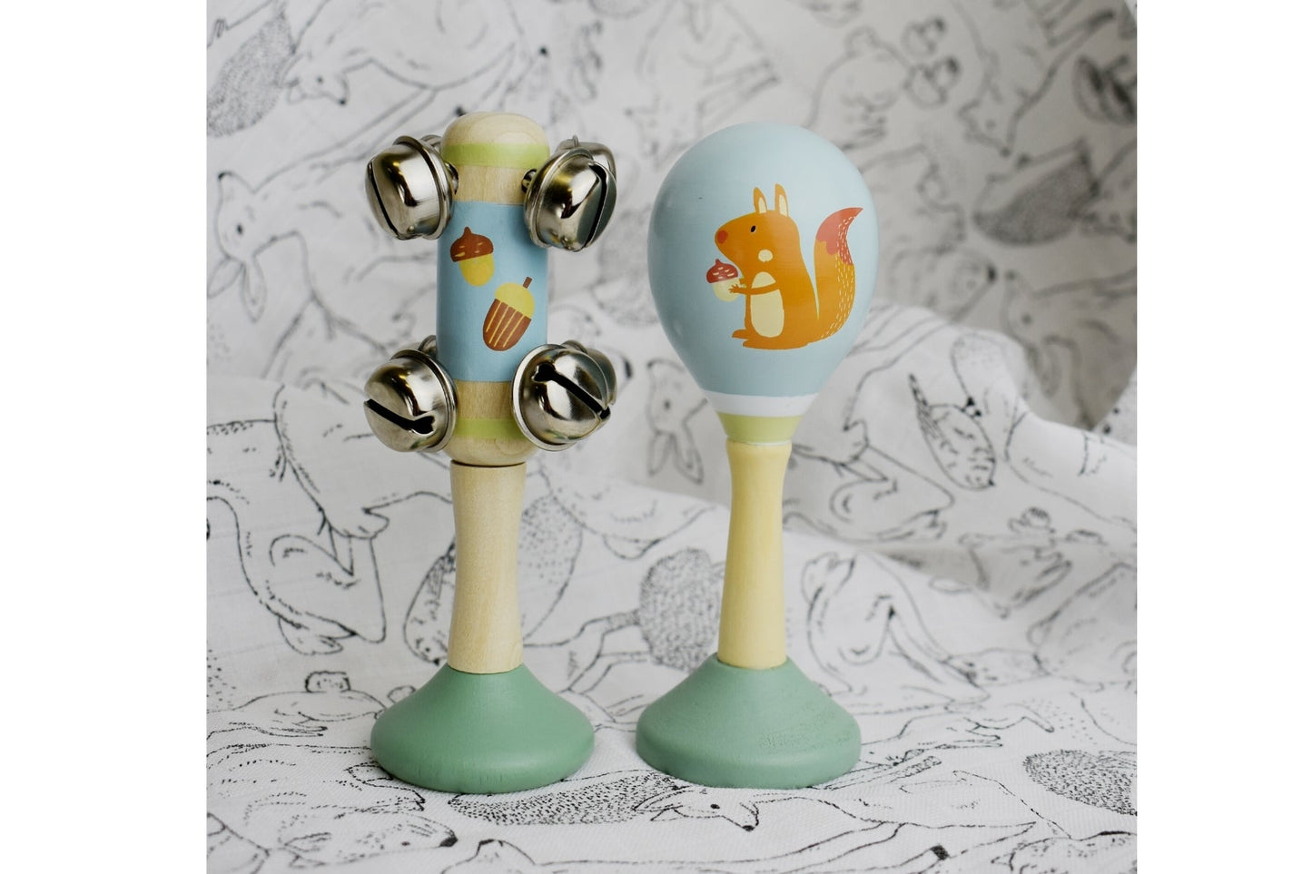 Colorful squirrel maraca and bell stick set for musical playtime at home for kids.