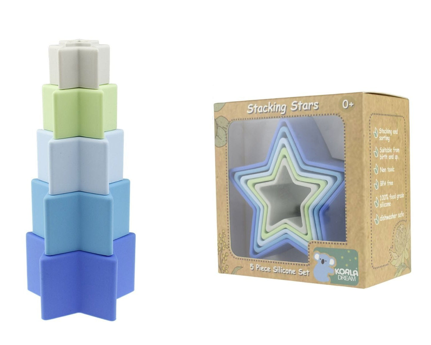 Colorful Koala Dream 5-Piece Silicone Stars for water play, perfect for kids imaginative fun.