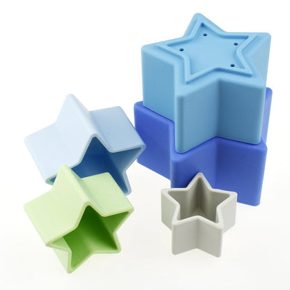 Colorful silicone stacking stars set with water pouring holes for engaging childrens water play.