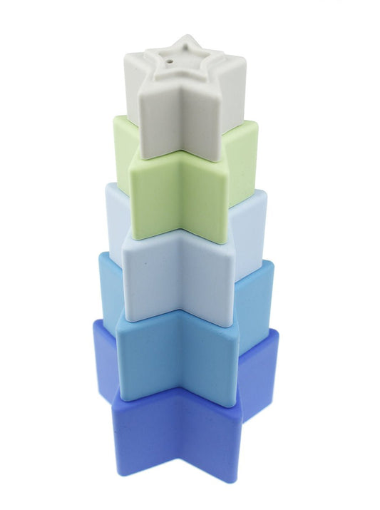 Colorful silicone stacking stars with water pouring holes for interactive kids playtime.