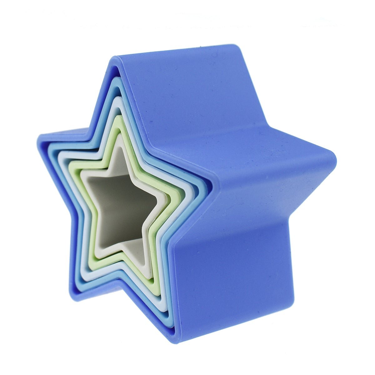 Colorful silicone stacking stars with pouring holes for interactive water play at home.