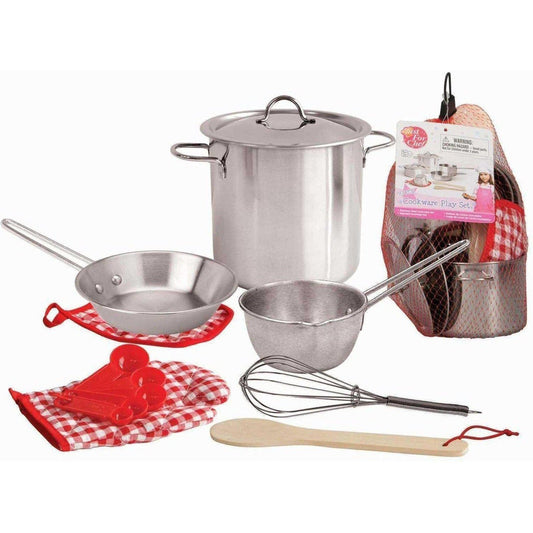 Kids stainless steel cooking play set for imaginative home chef fun and learning playtime.