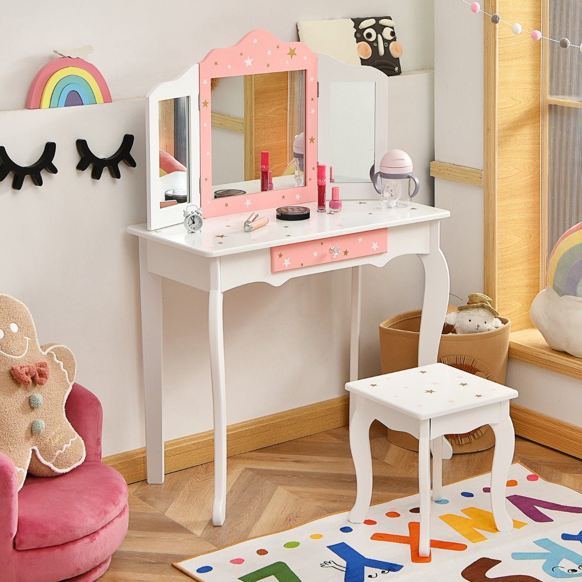 Kids Vanity Set with Tri-Folding Mirror - Bedroom Glamour in a Chair