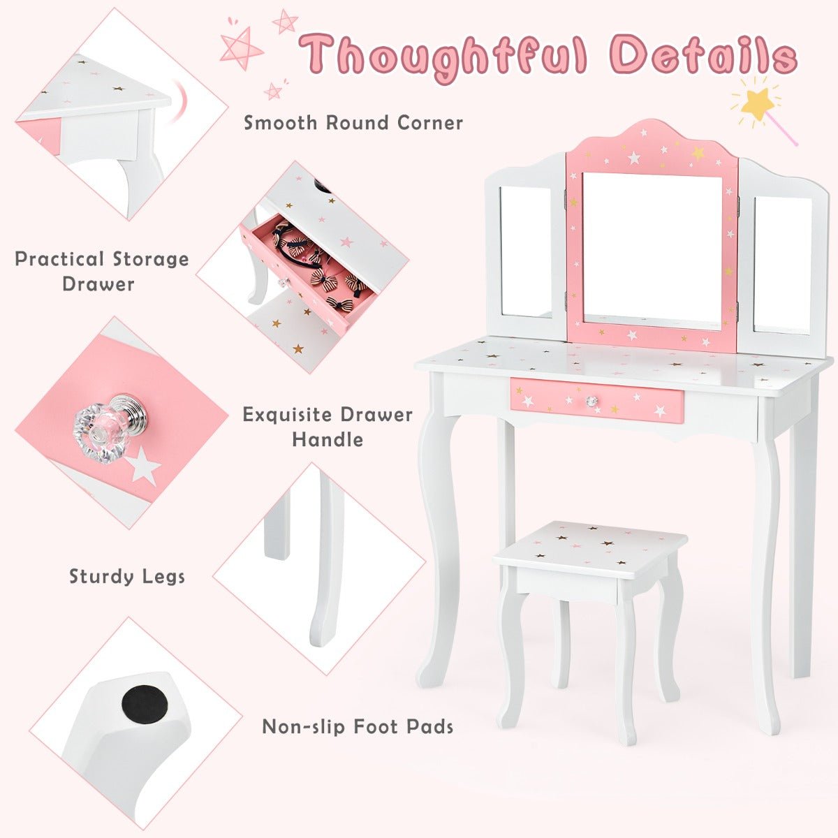 Kids Makeup Table Set with Tri-Fold Mirror - Bedroom Beauty and Chair Comfort